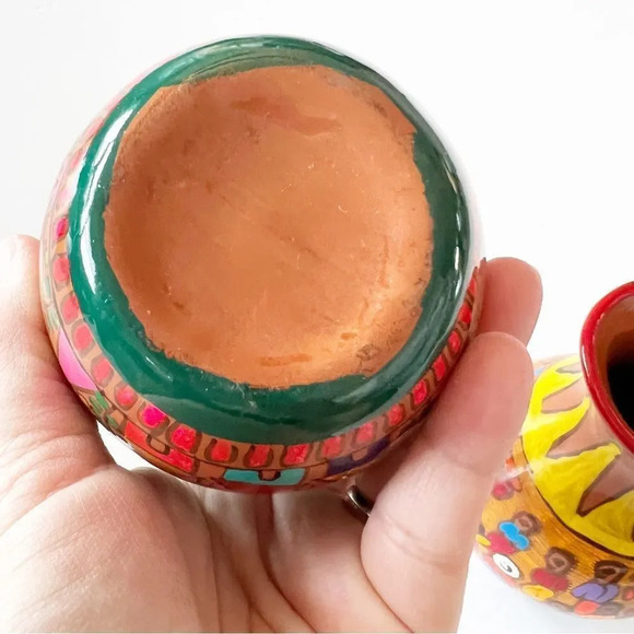 Vintage Handpainted Mexican Pottery Vases Red Clay Small Vessels Jugs Colorful 2 - Picture 7 of 12